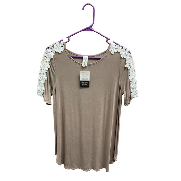 42 Pops Tops - Womens 42 Pops Taupe Top With Lace Sleeve Detail